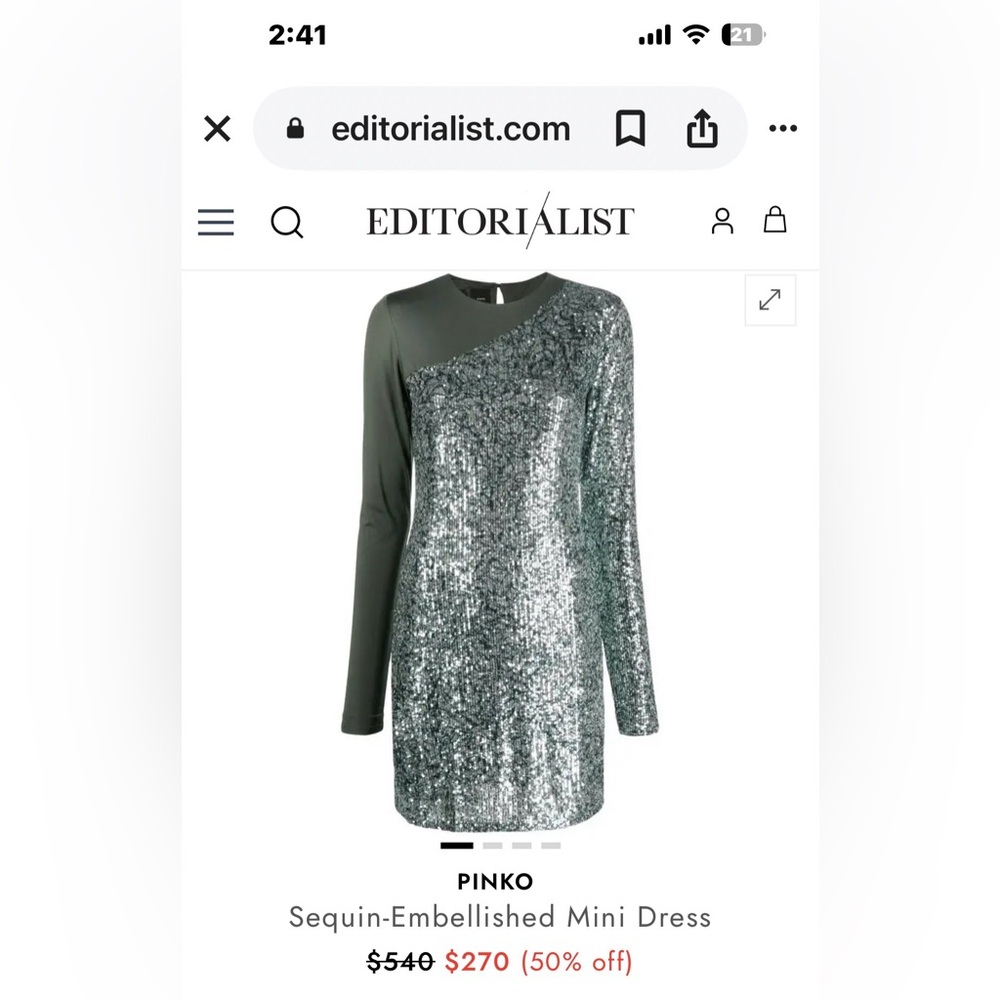 NWT PINKO MSRP $540 green sequin-embellished, long sleeve mini dress size SMALL
